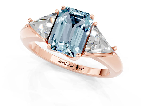 Rose gold Three-Stone Emerald Cut Aquamarine Engagement Ring with Trillion Side Stones and Prong Setting