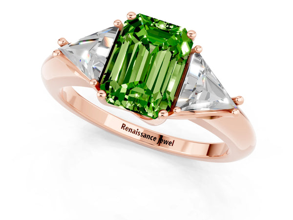 Rose gold Three-Stone Emerald Cut Cut Diamond Ring with Trillion Side Stones and Four-Prong Setting