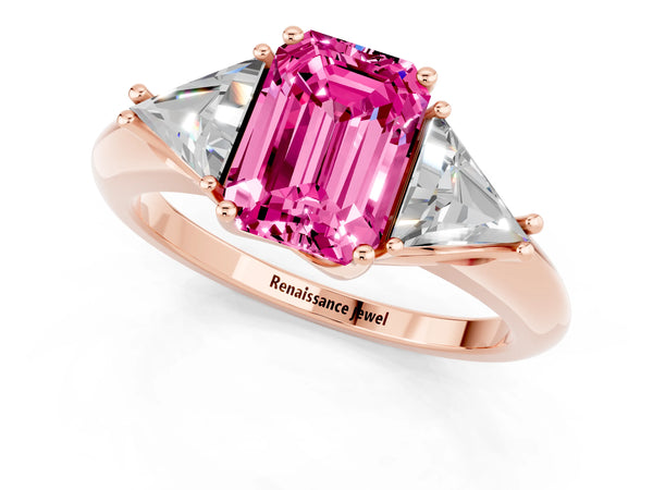 Rose gold Three-Stone Emerald Cut Pink Sapphire Engagement Ring with Trillion Side Stones and Prong Setting