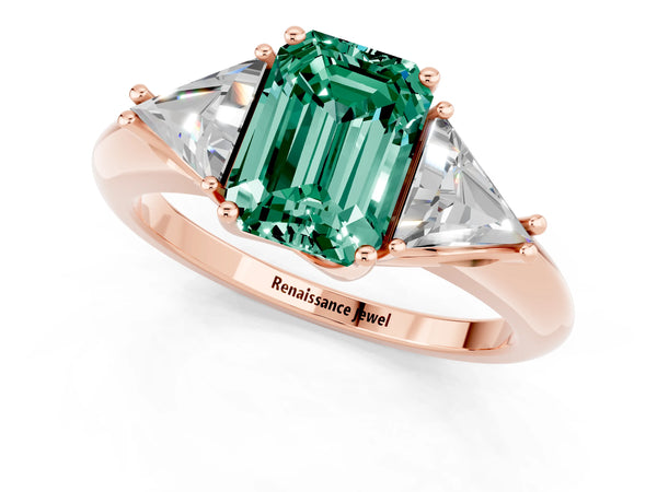 Rose gold Three-Stone Emerald Cut Green Sapphire Engagement Ring with Trillion Side Stones and Prong Setting