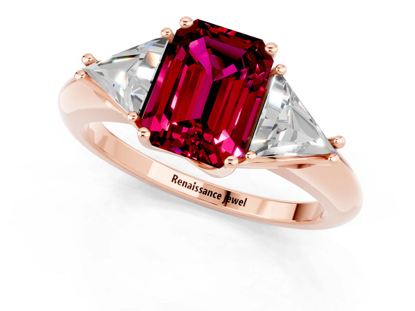 Rose gold Three-Stone Emerald Cut Garnet Engagement Ring with Trillion Side Stones and Prong Setting