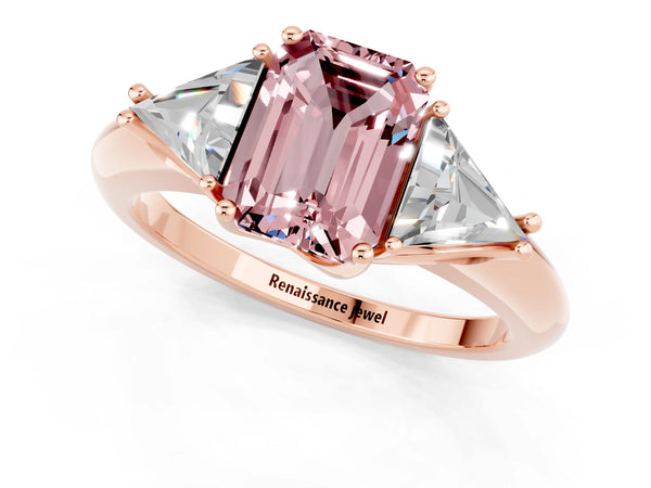 Rose gold Three-Stone Emerald Cut Cut Diamond Ring with Trillion Side Stones and Four-Prong Setting