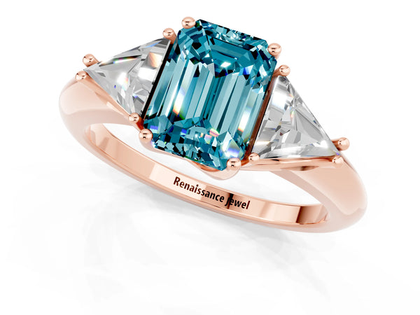 Rose gold Three-Stone Emerald Cut Cut Diamond Ring with Trillion Side Stones and Four-Prong Setting