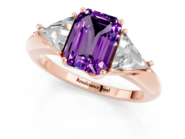 Rose gold Three-Stone Emerald Cut Amethyst Engagement Ring with Trillion Side Stones and Prong Setting