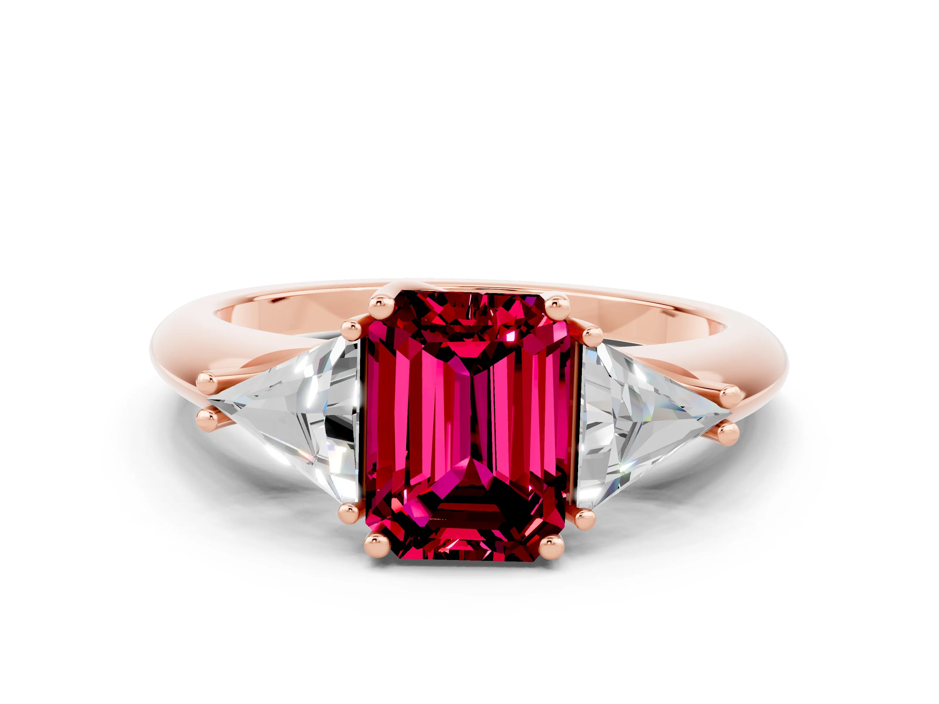 Rose gold Three-Stone Emerald Cut Cut Diamond Ring with Trillion Side Stones and Four-Prong Setting