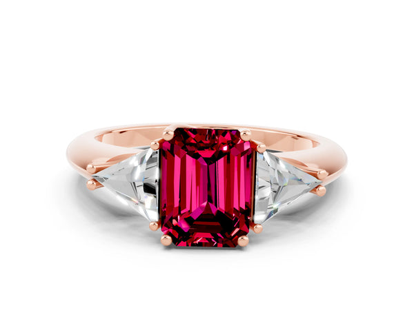 Rose gold Three-Stone Emerald Cut Garnet Engagement Ring with Trillion Side Stones and Prong Setting