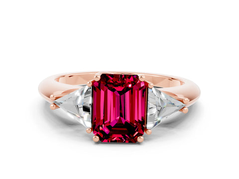 Rose gold Three-Stone Emerald Cut Cut Diamond Ring with Trillion Side Stones and Four-Prong Setting