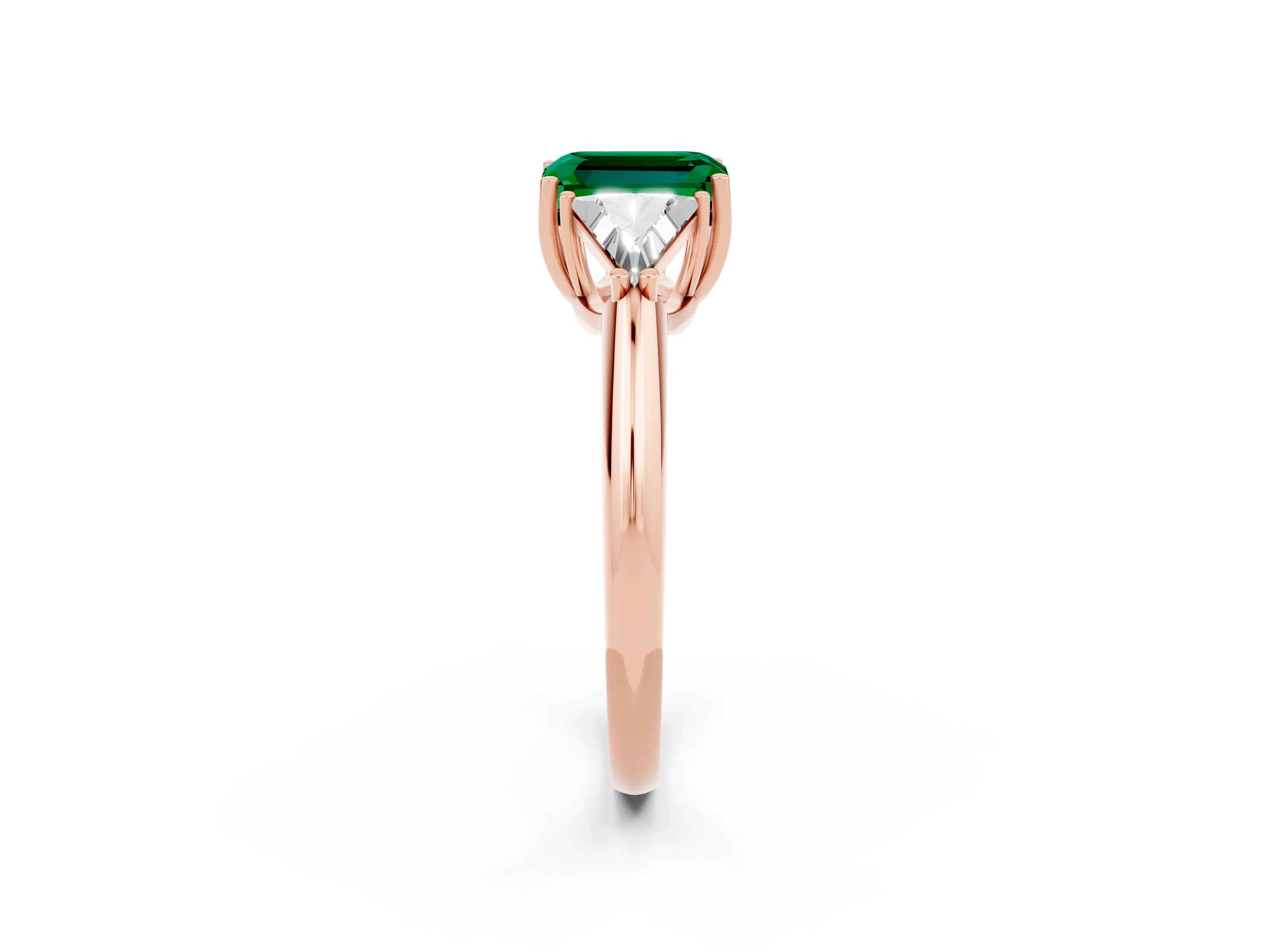 Rose gold Three-Stone Emerald Cut Cut Diamond Ring with Trillion Side Stones and Four-Prong Setting_2
