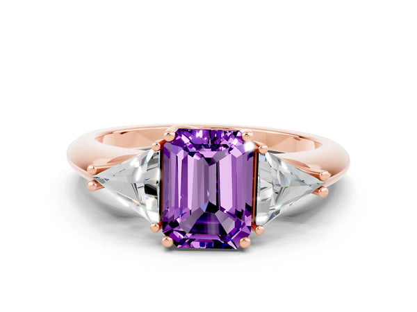 Rose gold Three-Stone Emerald Cut Amethyst Engagement Ring with Trillion Side Stones and Prong Setting
