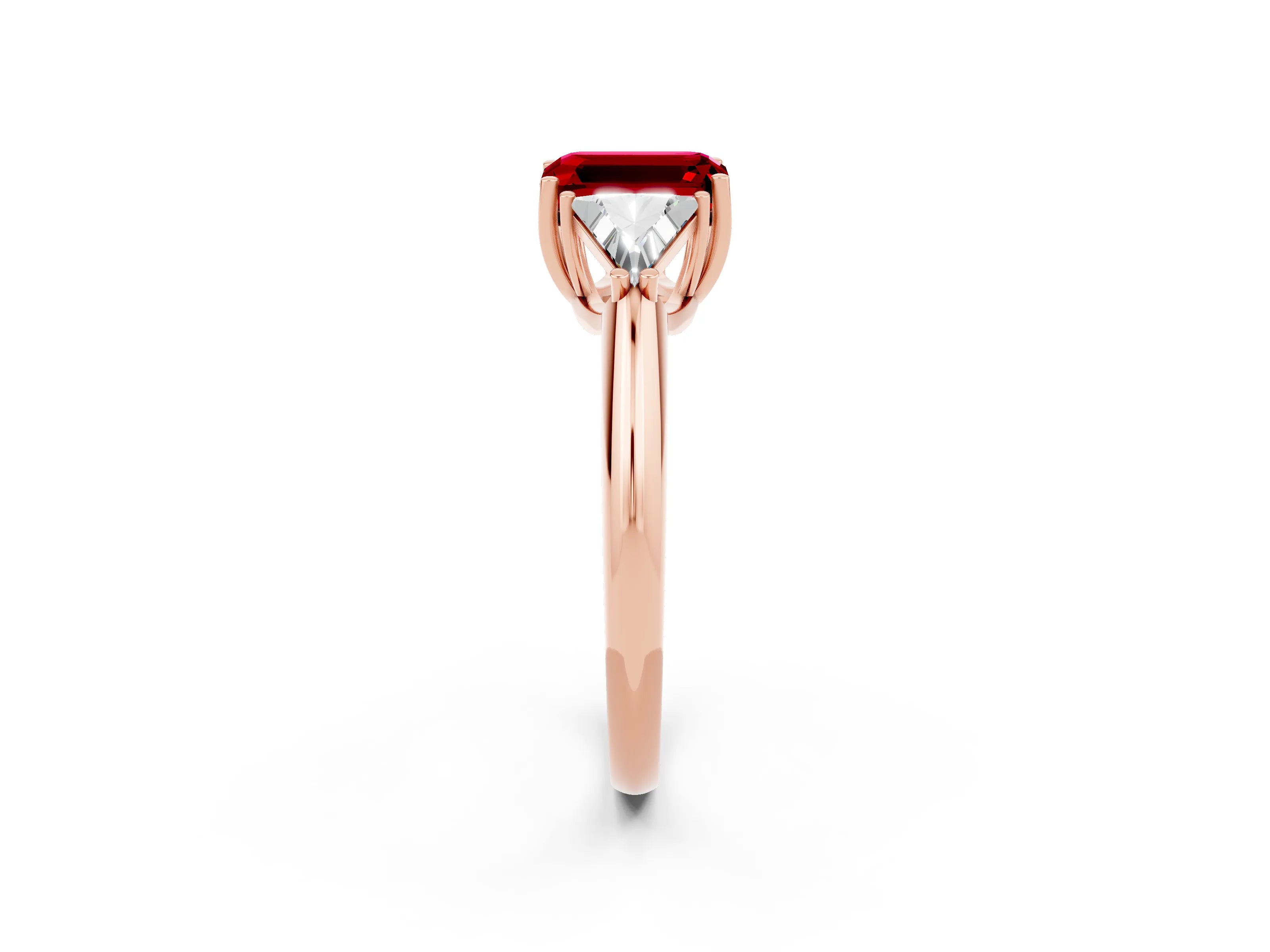 Rose gold Three-Stone Emerald Cut Cut Diamond Ring with Trillion Side Stones and Four-Prong Setting_2