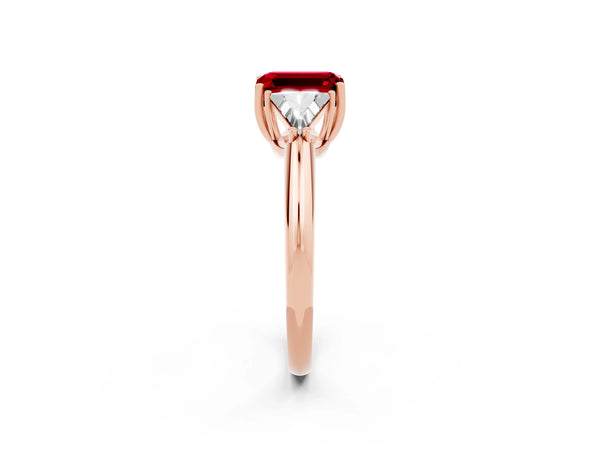 Rose gold Three-Stone Emerald Cut Cut Diamond Ring with Trillion Side Stones and Four-Prong Setting