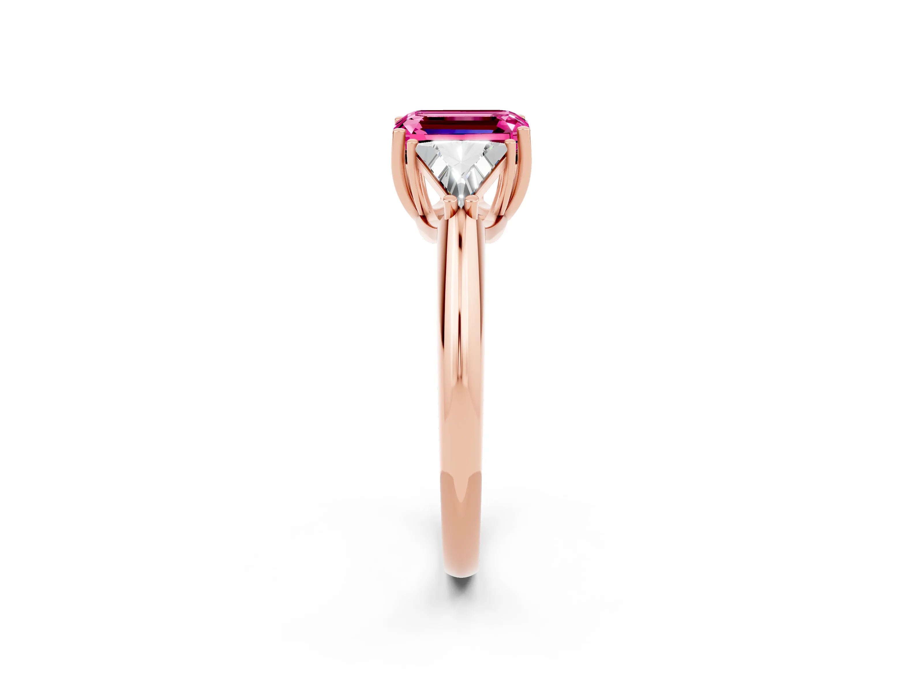 Rose gold Three-Stone Emerald Cut Cut Diamond Ring with Trillion Side Stones and Four-Prong Setting_2