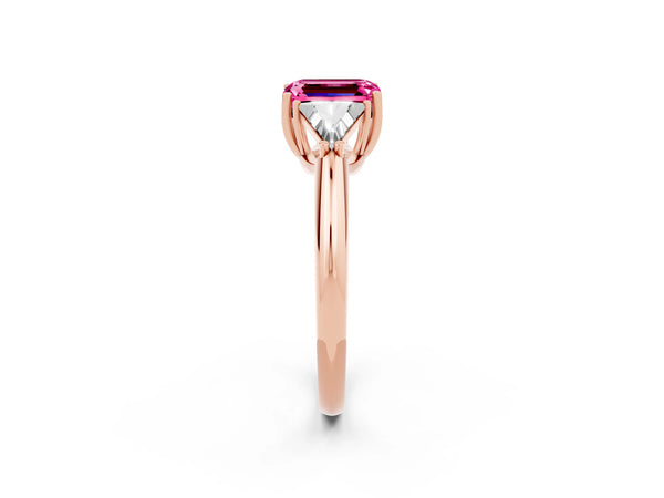 Rose gold Three-Stone Emerald Cut Pink Sapphire Engagement Ring with Trillion Side Stones and Prong Setting