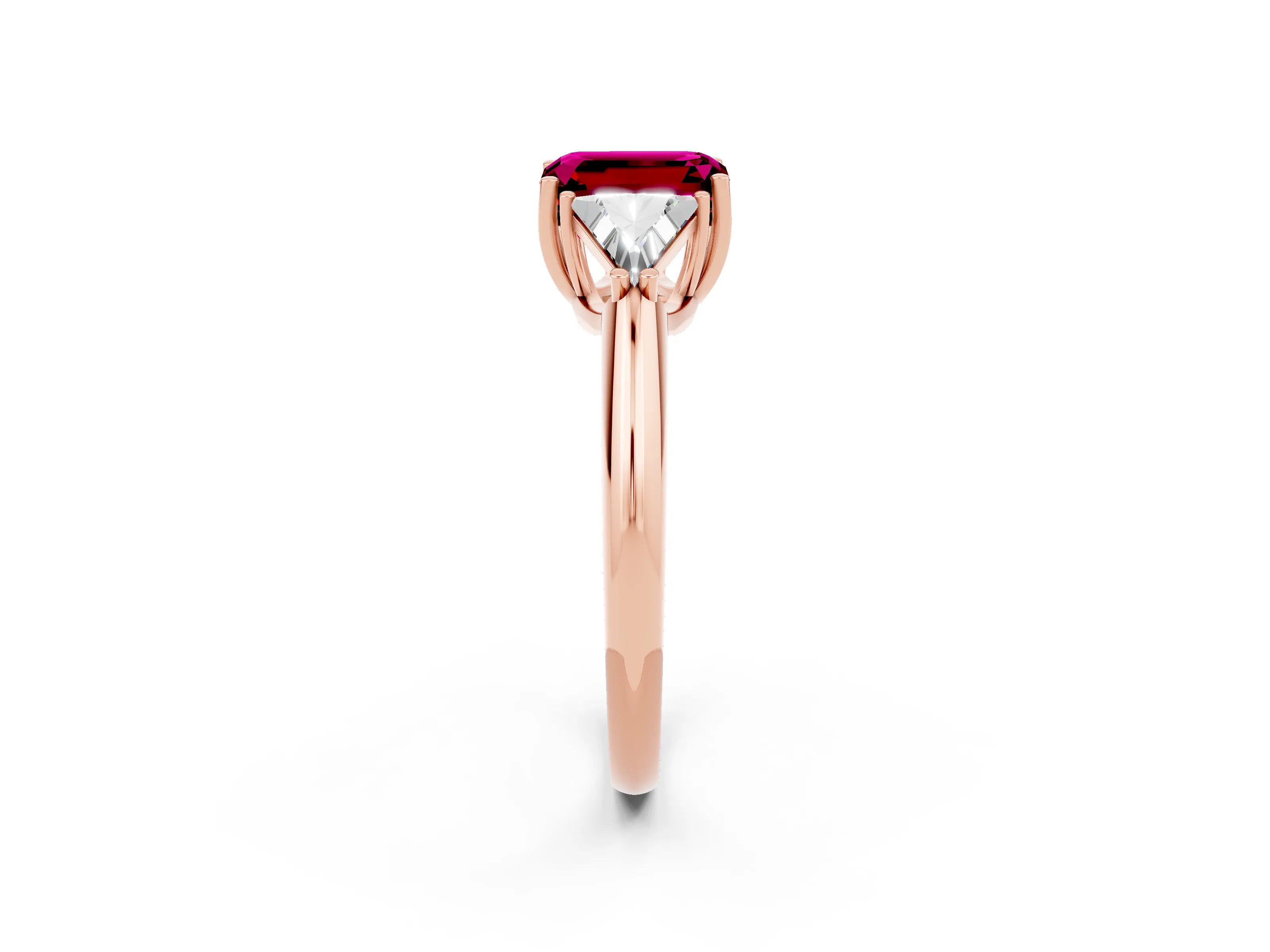 Rose gold Three-Stone Emerald Cut Cut Diamond Ring with Trillion Side Stones and Four-Prong Setting_2