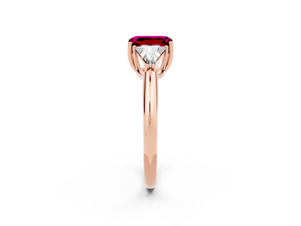 Rose gold Three-Stone Emerald Cut Garnet Engagement Ring with Trillion Side Stones and Prong Setting