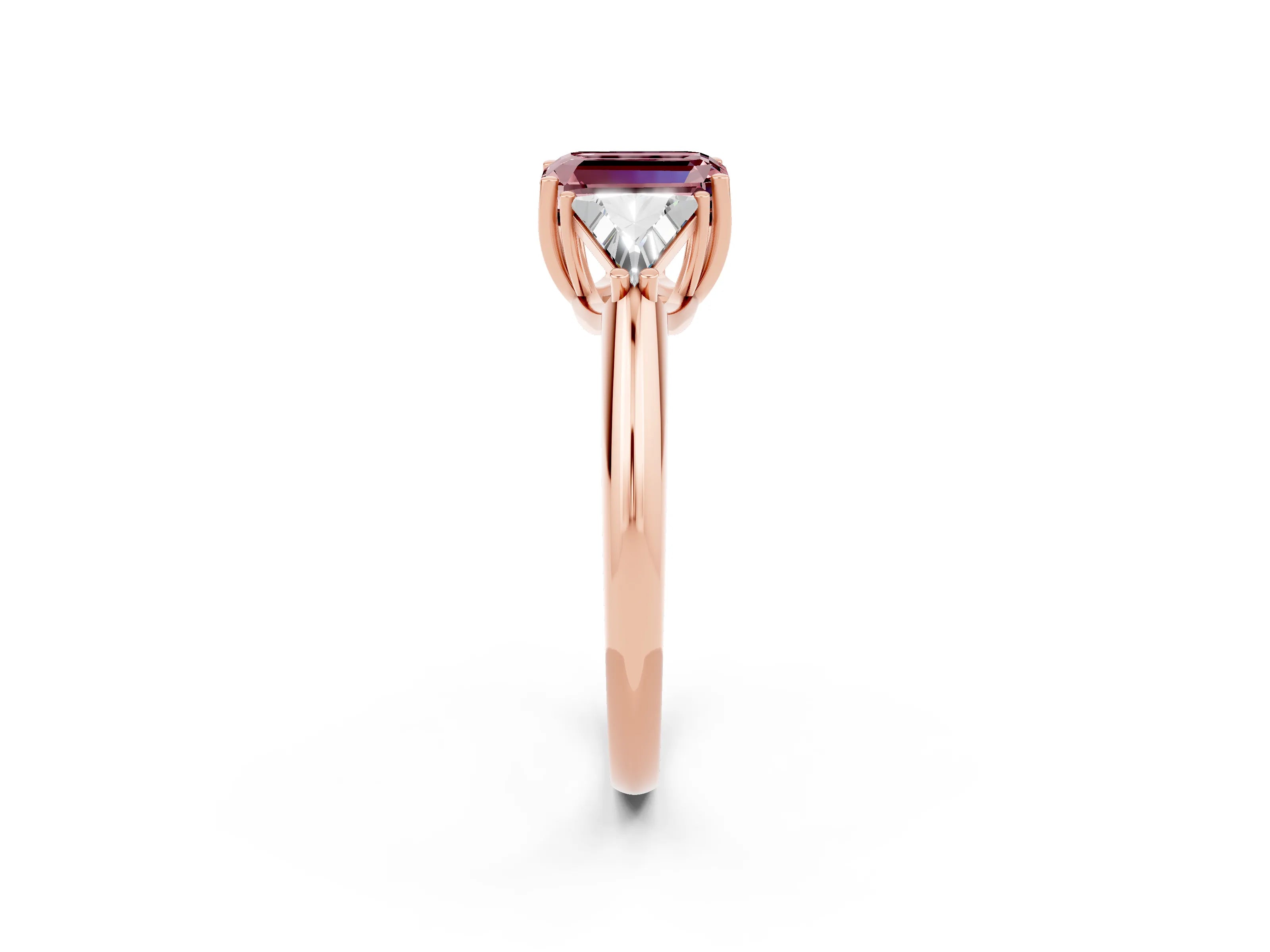 Rose gold Three-Stone Emerald Cut Cut Diamond Ring with Trillion Side Stones and Four-Prong Setting_2
