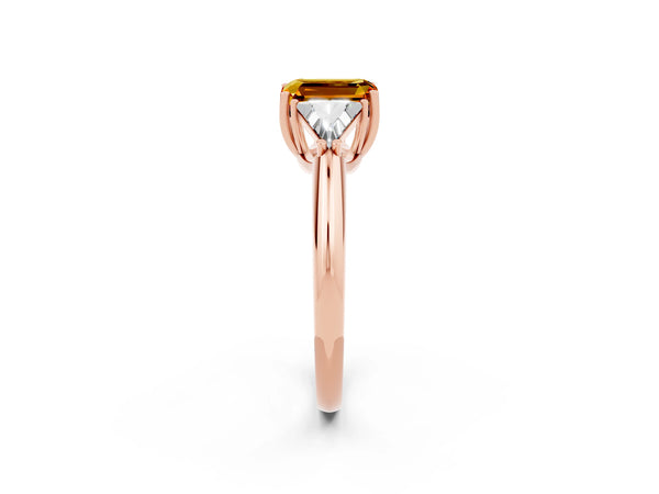 Rose gold Three-Stone Emerald Cut Citrine Engagement Ring with Trillion Side Stones and Prong Setting