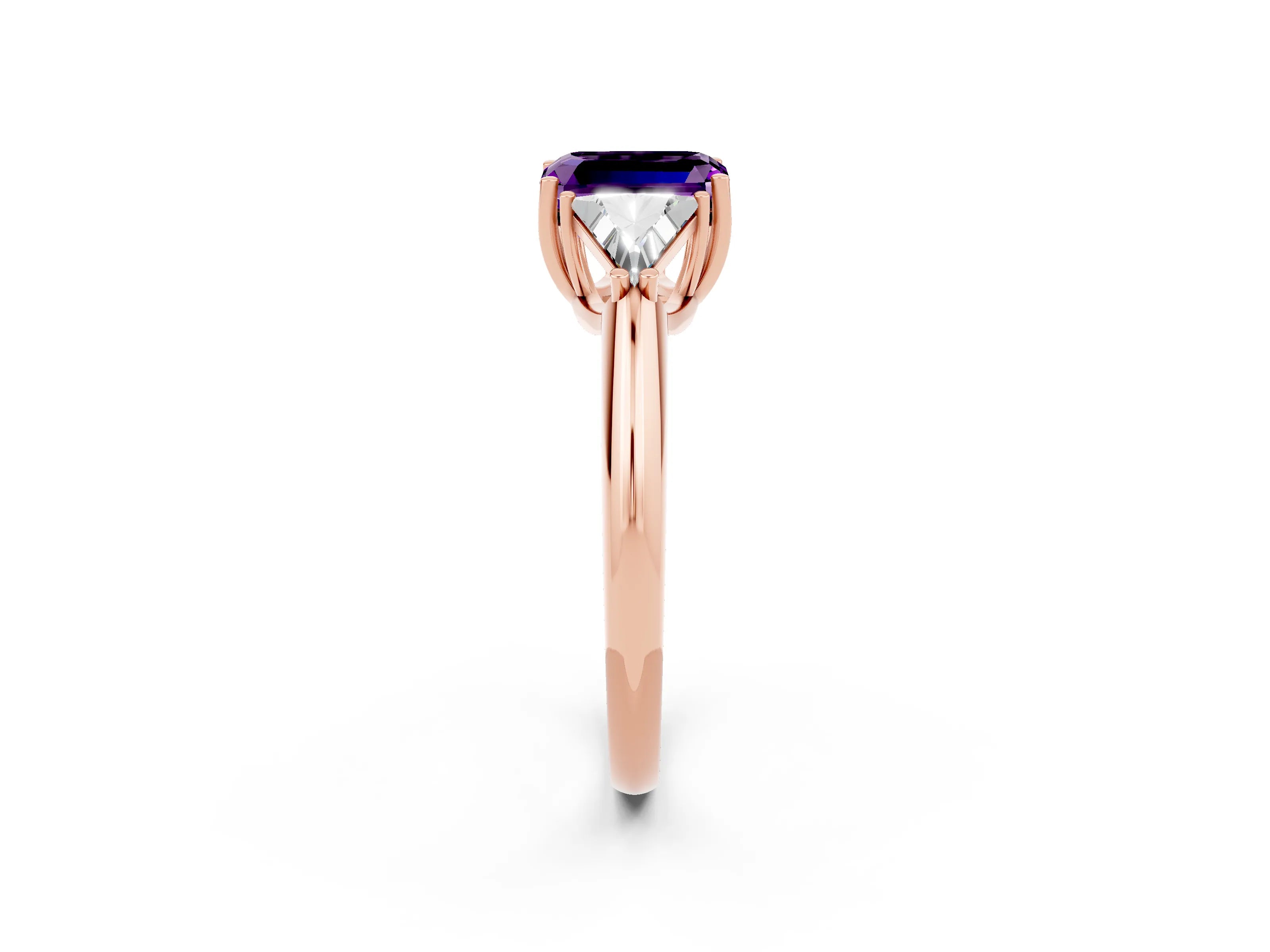Rose gold Three-Stone Emerald Cut Cut Diamond Ring with Trillion Side Stones and Four-Prong Setting_2
