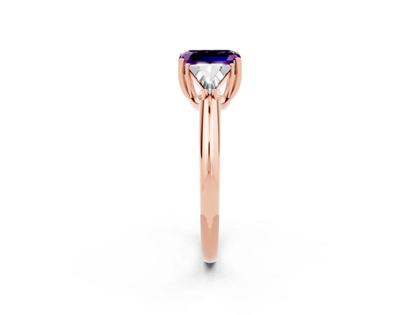 Rose gold Three-Stone Emerald Cut Amethyst Engagement Ring with Trillion Side Stones and Prong Setting