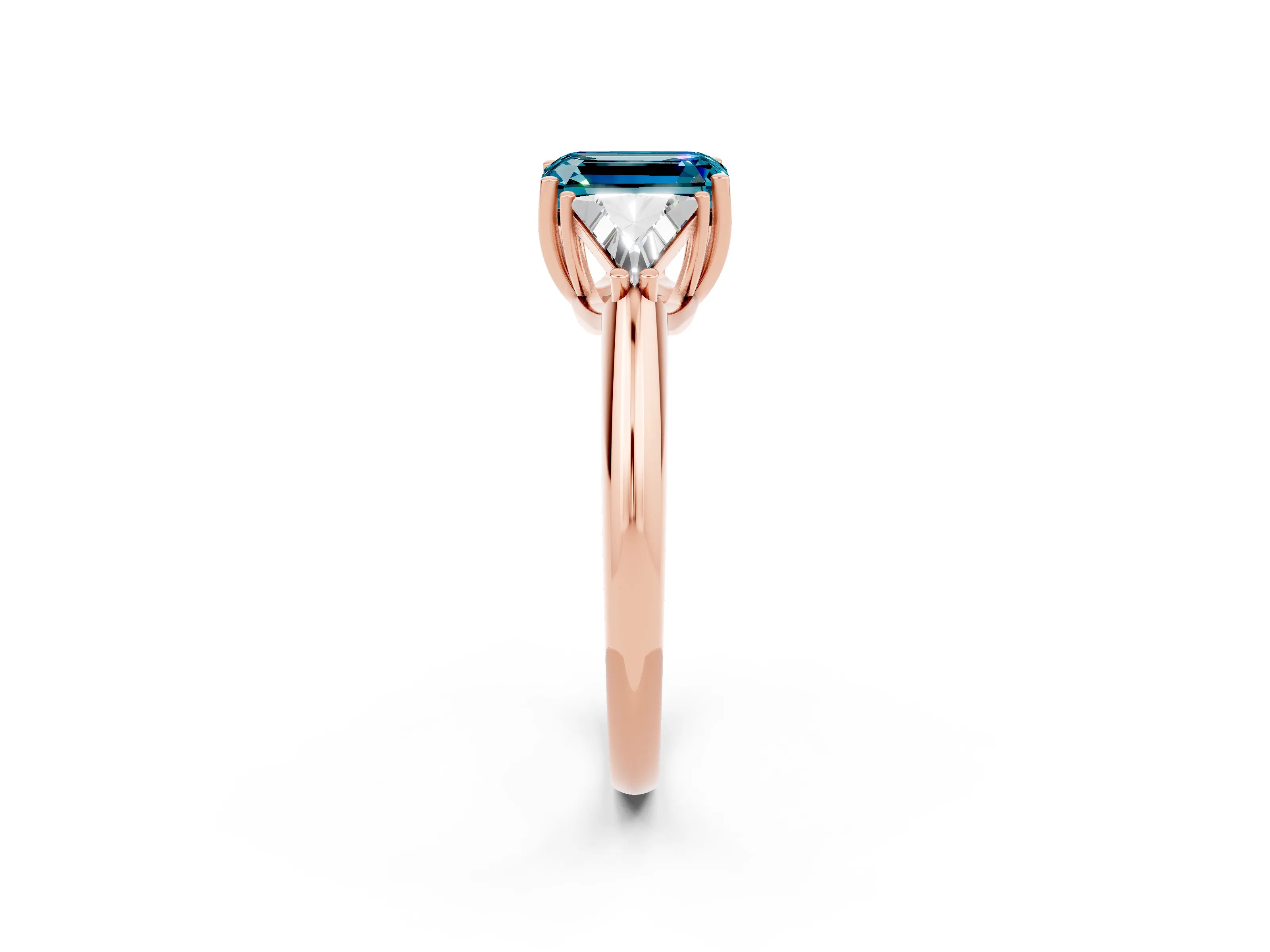 Rose gold Three-Stone Emerald Cut Cut Diamond Ring with Trillion Side Stones and Four-Prong Setting_2