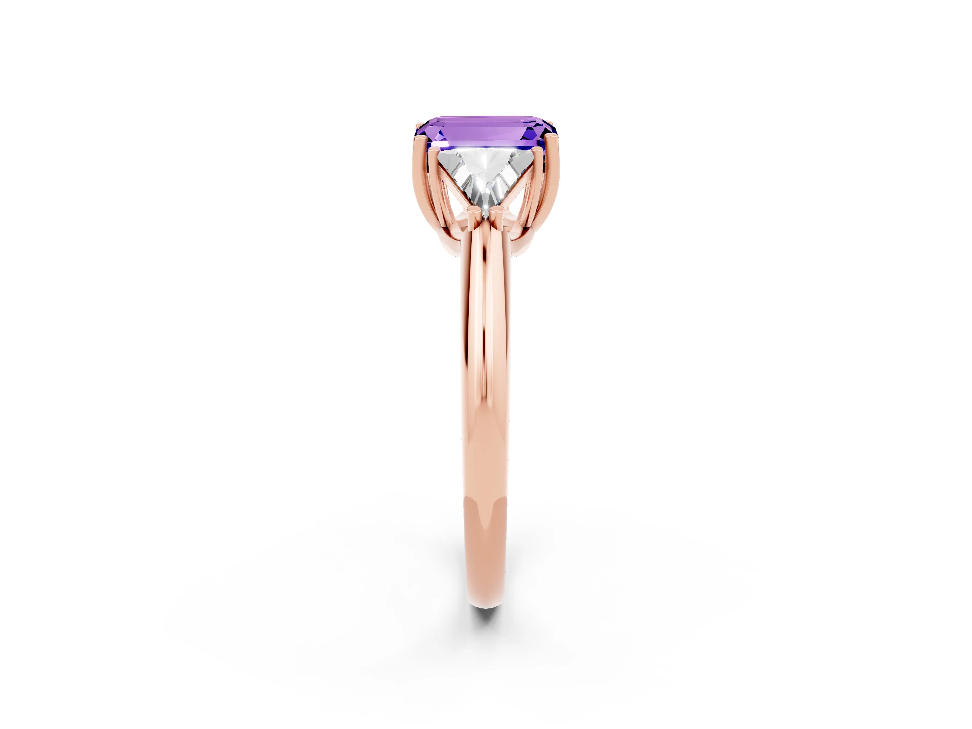 Rose gold Three-Stone Emerald Cut Cut Diamond Ring with Trillion Side Stones and Four-Prong Setting_2