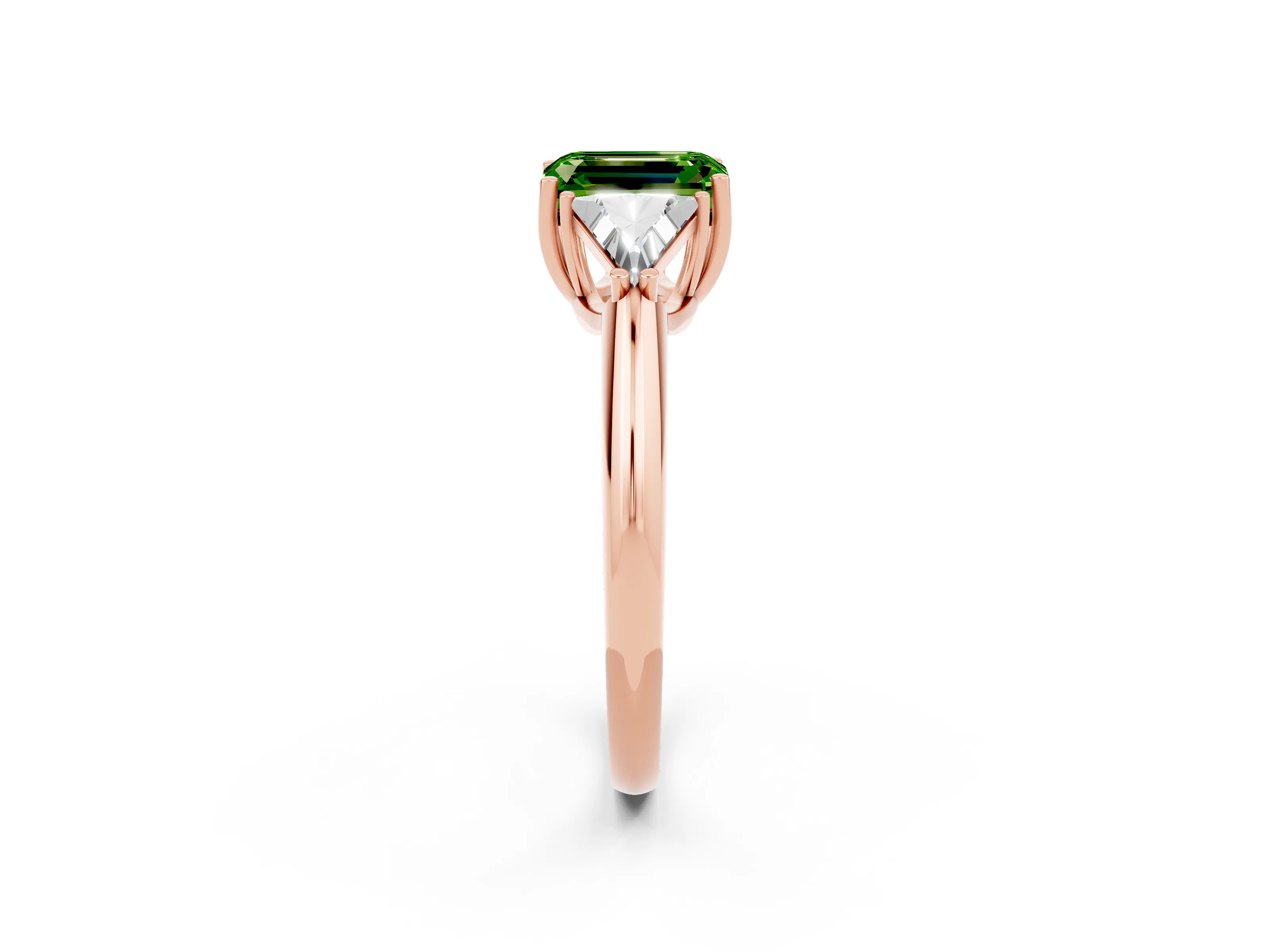 Rose gold Three-Stone Emerald Cut Cut Diamond Ring with Trillion Side Stones and Four-Prong Setting_2