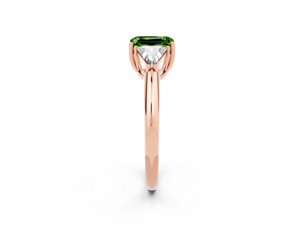 Rose gold Three-Stone Emerald Cut Cut Diamond Ring with Trillion Side Stones and Four-Prong Setting