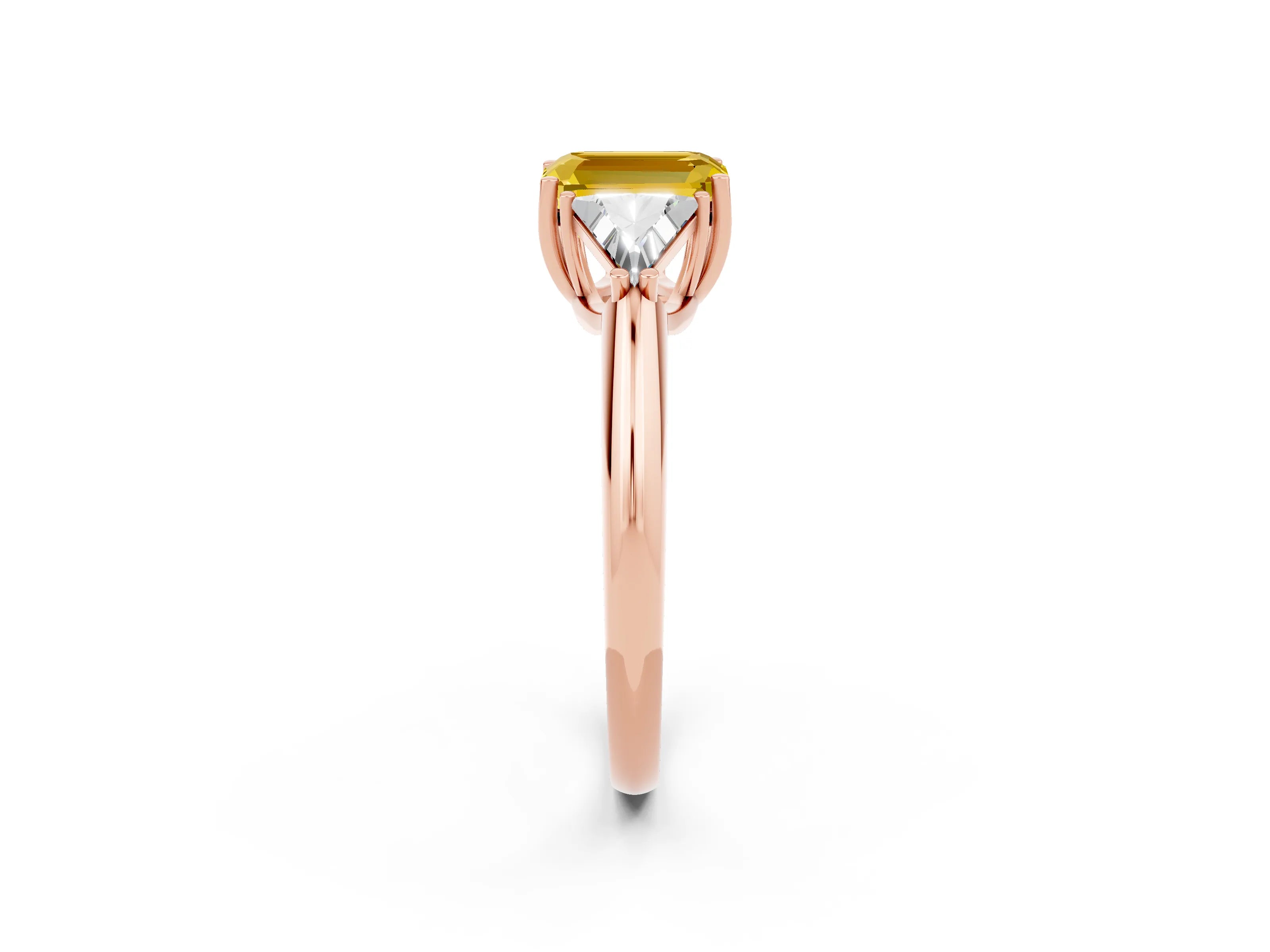 Rose gold Three-Stone Emerald Cut Cut Diamond Ring with Trillion Side Stones and Four-Prong Setting_2