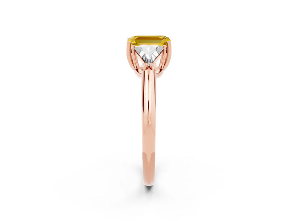 Rose gold Three-Stone Emerald Cut Yellow Sapphire Engagement Ring with Trillion Side Stones and Prong Setting