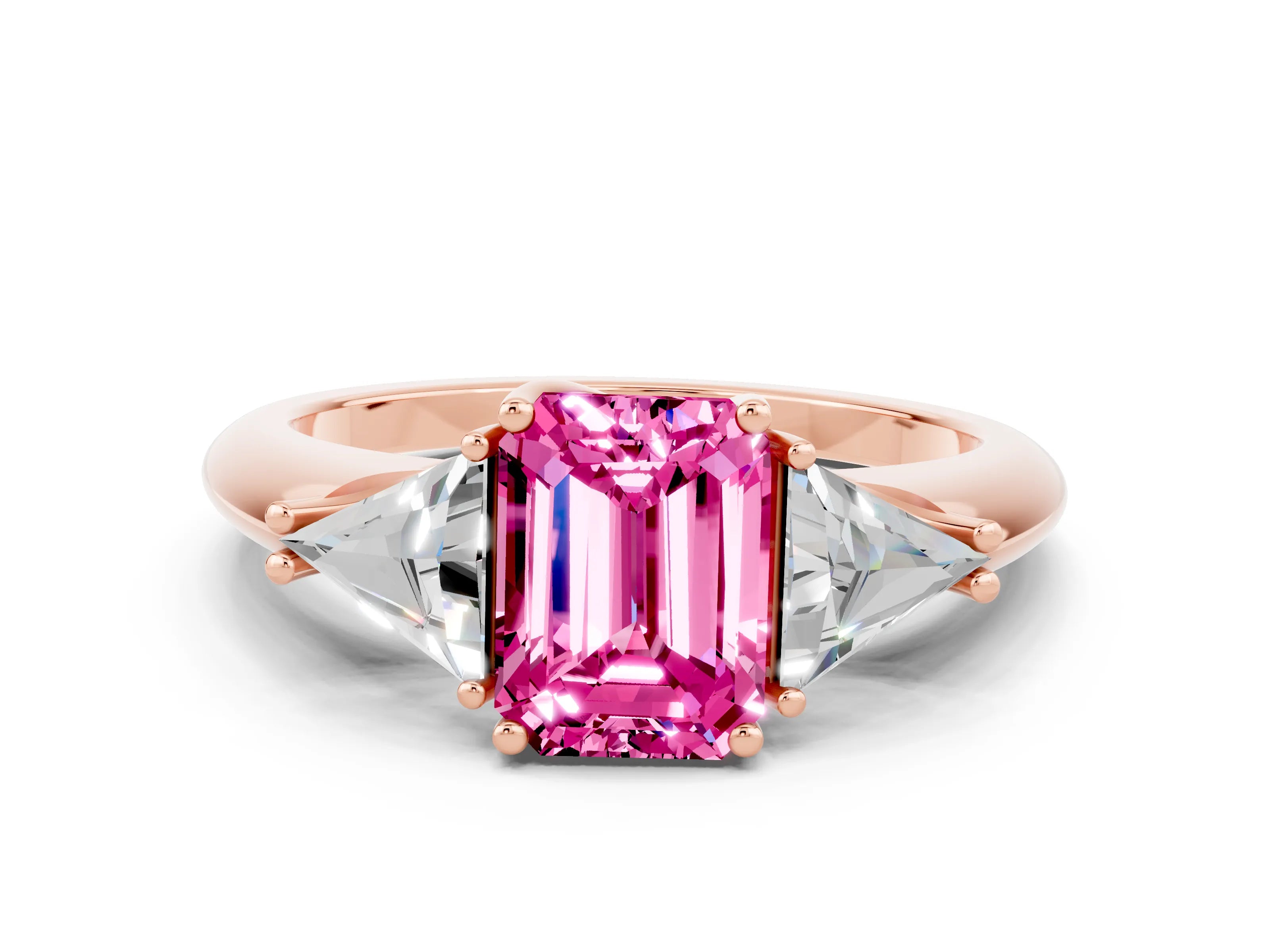 Rose gold Three-Stone Emerald Cut Cut Diamond Ring with Trillion Side Stones and Four-Prong Setting
