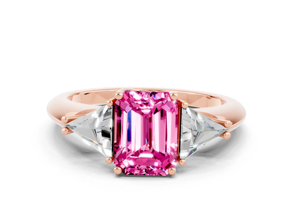 Rose gold Three-Stone Emerald Cut Pink Sapphire Engagement Ring with Trillion Side Stones and Prong Setting