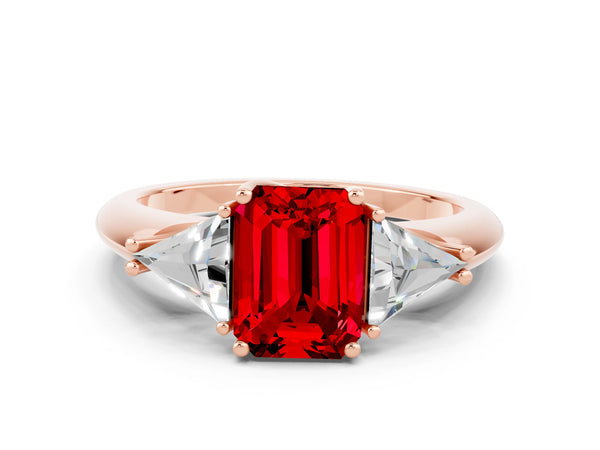 Rose gold Three-Stone Emerald Cut Cut Diamond Ring with Trillion Side Stones and Four-Prong Setting