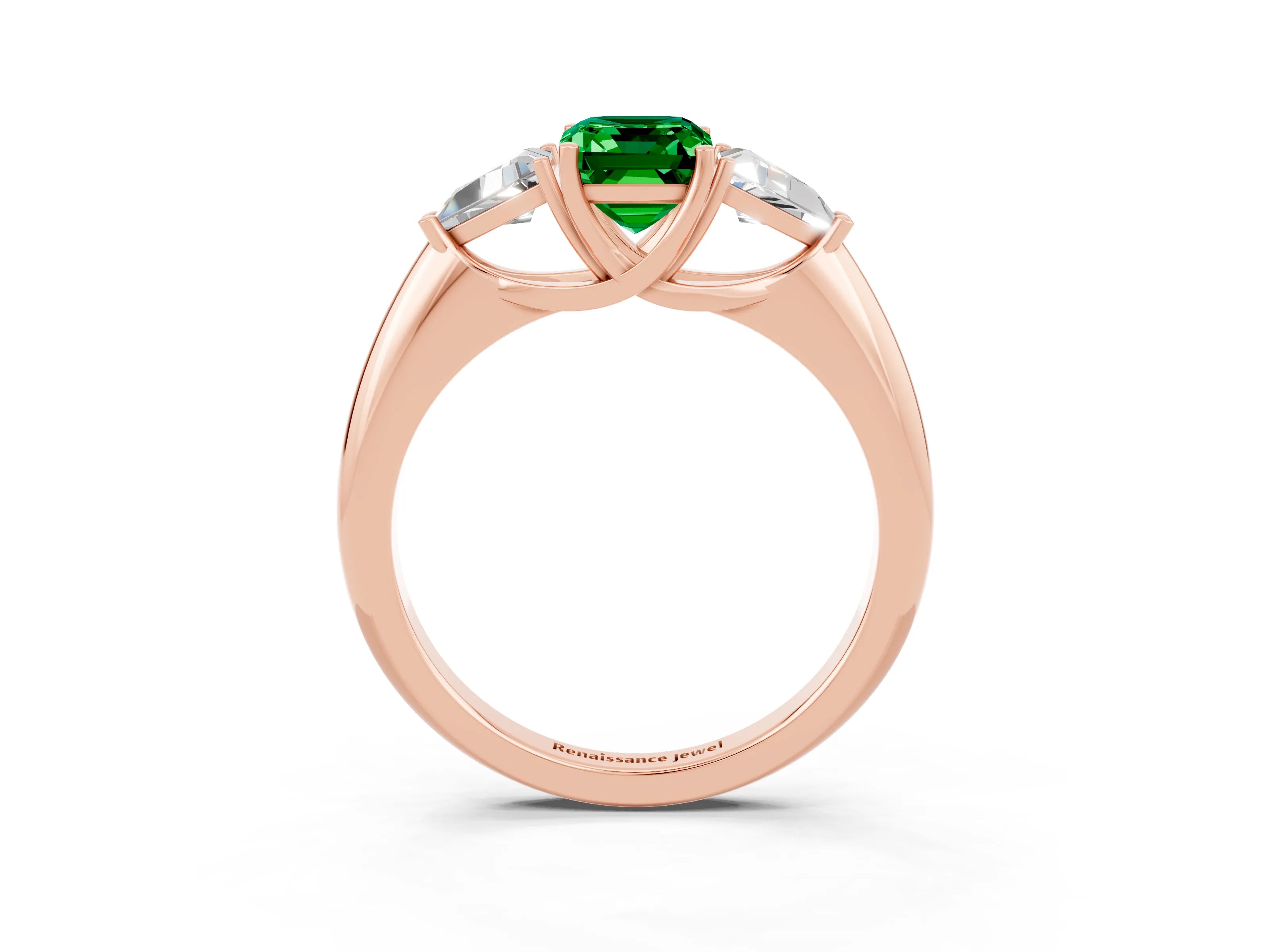 Rose gold Three-Stone Emerald Cut Cut Diamond Ring with Trillion Side Stones and Four-Prong Setting_3