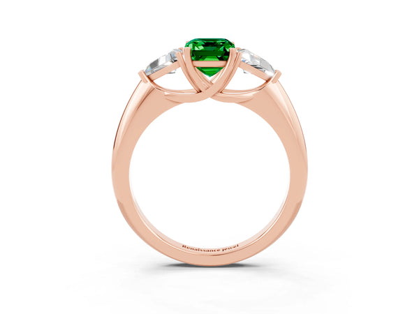 Rose gold Three-Stone Emerald Cut Emerald Engagement Ring with Trillion Side Stones and Prong Setting