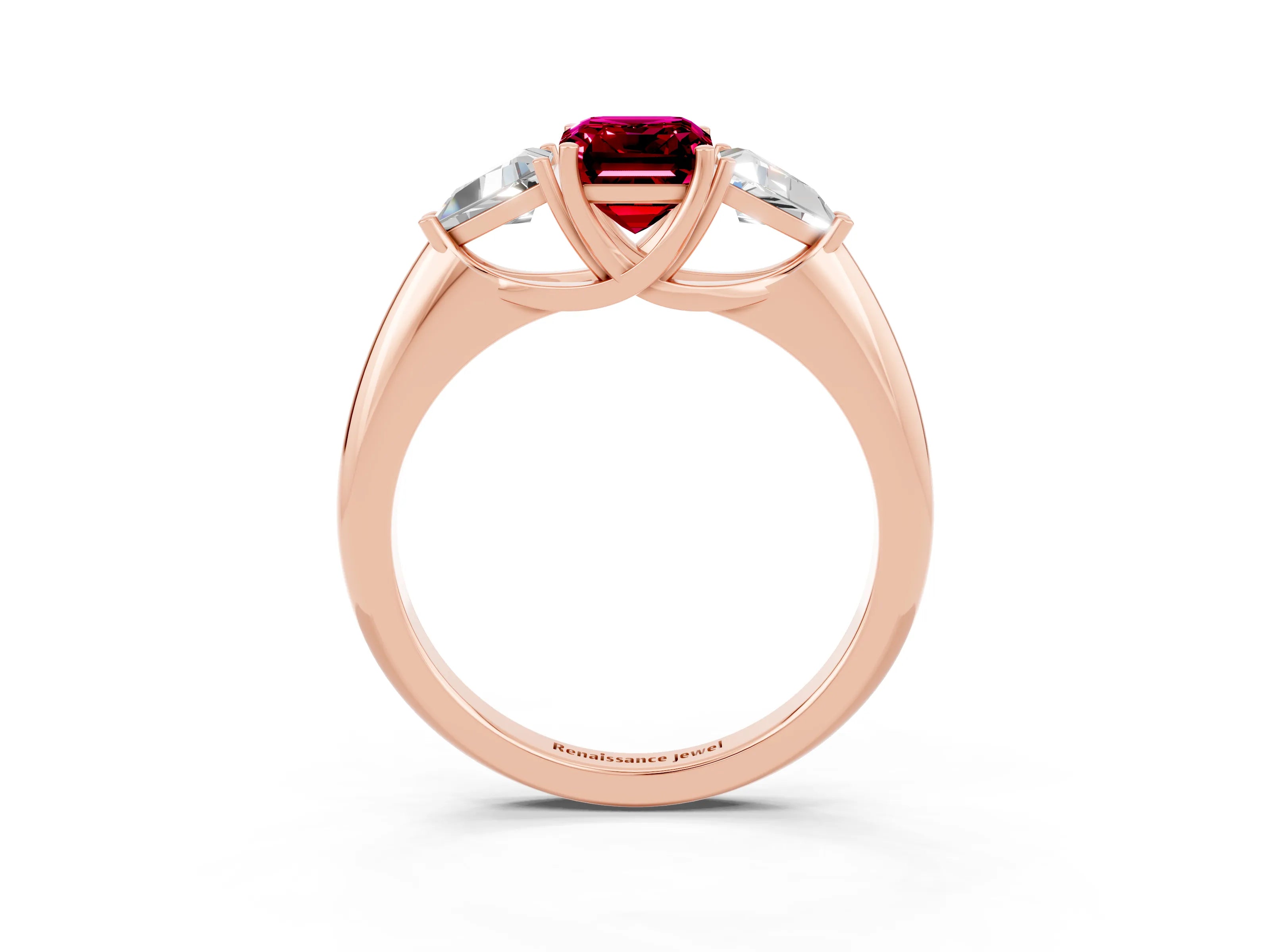 Rose gold Three-Stone Emerald Cut Cut Diamond Ring with Trillion Side Stones and Four-Prong Setting_3