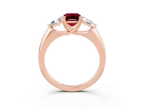Rose gold Three-Stone Emerald Cut Garnet Engagement Ring with Trillion Side Stones and Prong Setting