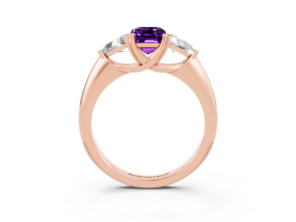 Rose gold Three-Stone Emerald Cut Amethyst Engagement Ring with Trillion Side Stones and Prong Setting