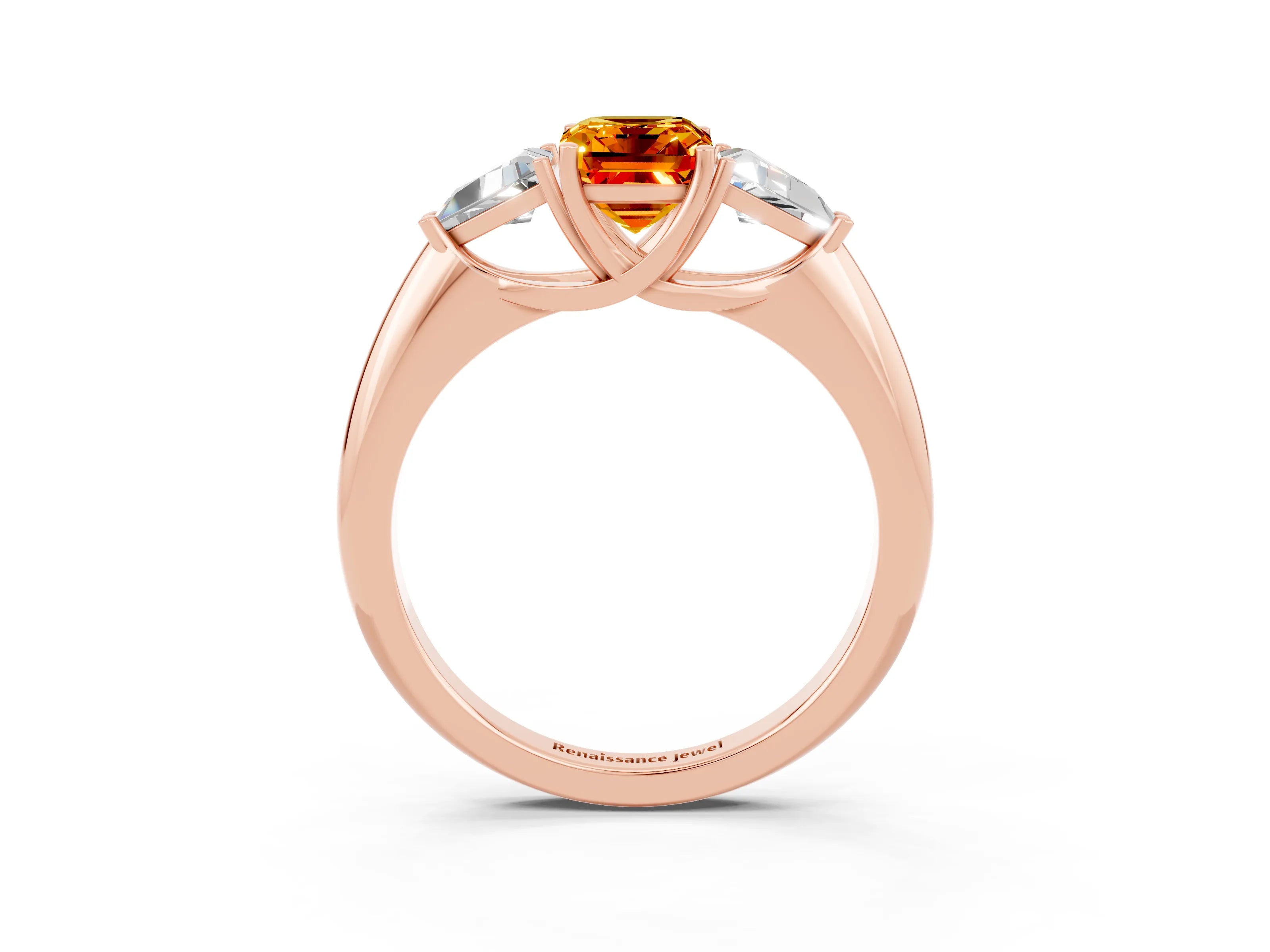 Rose gold Three-Stone Emerald Cut Cut Diamond Ring with Trillion Side Stones and Four-Prong Setting_3