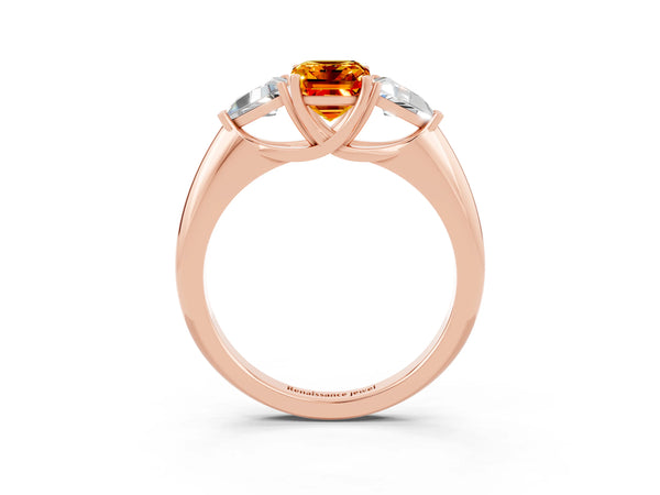 Rose gold Three-Stone Emerald Cut Citrine Engagement Ring with Trillion Side Stones and Prong Setting