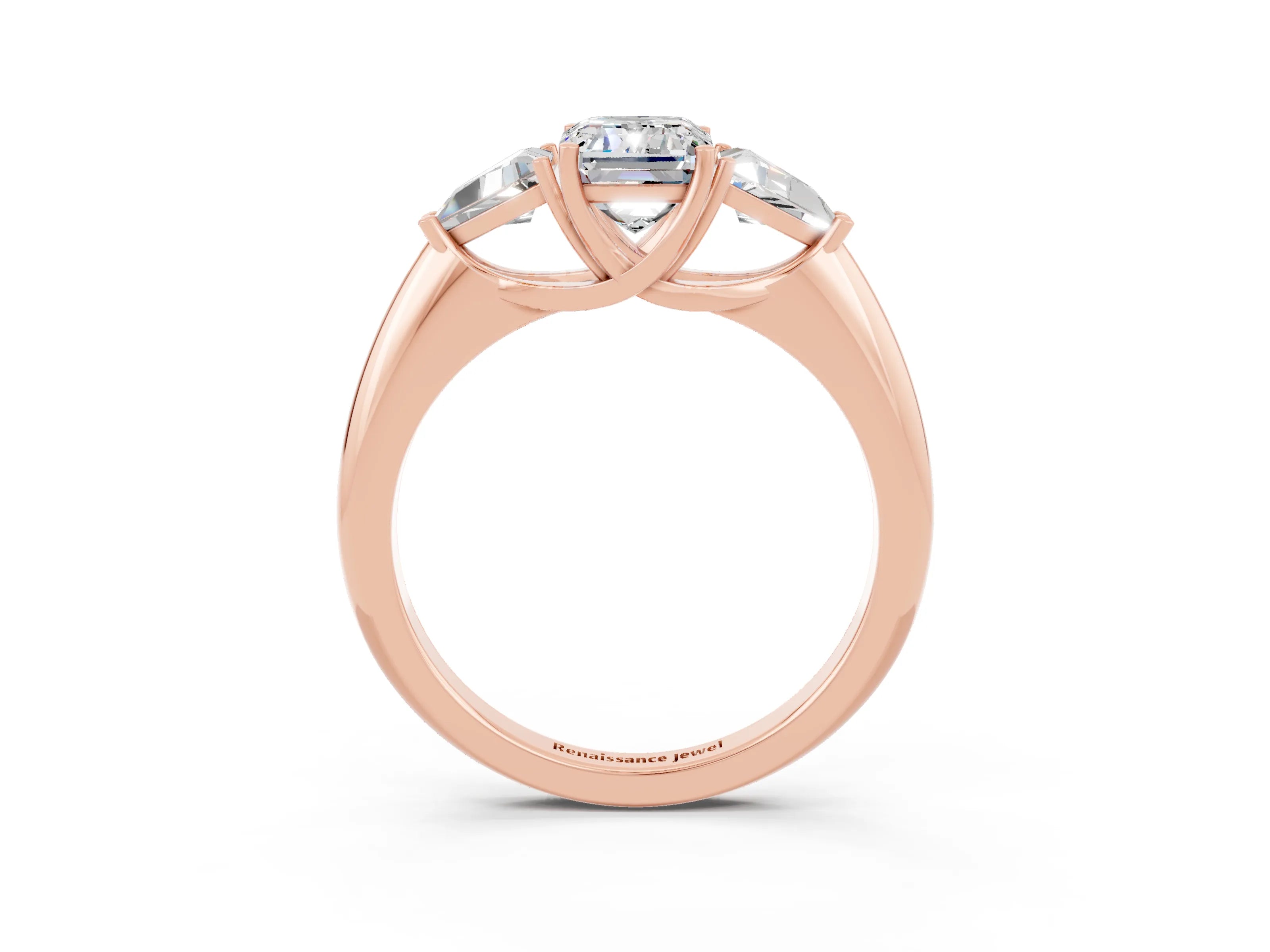 Rose gold Three-Stone Emerald Cut Cut Diamond Ring with Trillion Side Stones and Four-Prong Setting_3