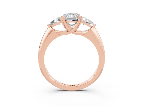 Rose gold Three-Stone Emerald Cut Moissanite Engagement Ring with Trillion Side Stones and Prong Setting