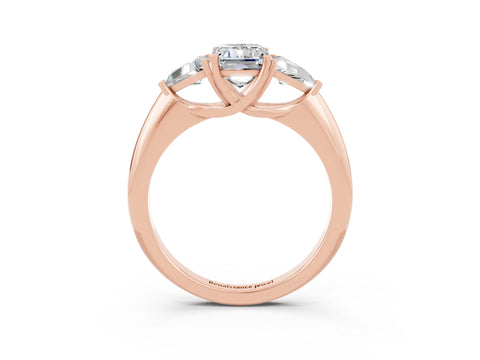 Rose gold Three-Stone Emerald Cut Cut Diamond Ring with Trillion Side Stones and Four-Prong Setting_3