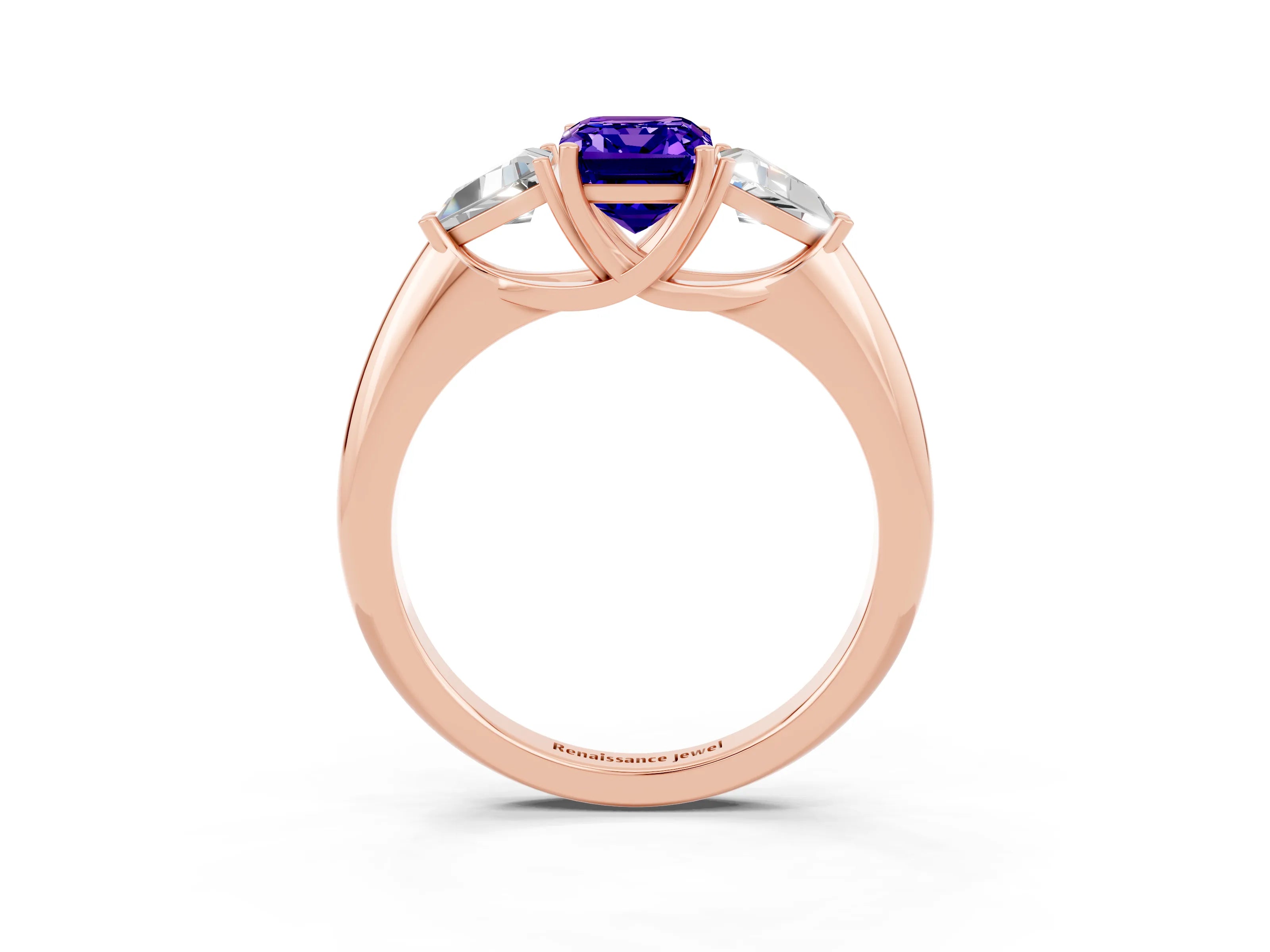 Rose gold Three-Stone Emerald Cut Cut Diamond Ring with Trillion Side Stones and Four-Prong Setting_3
