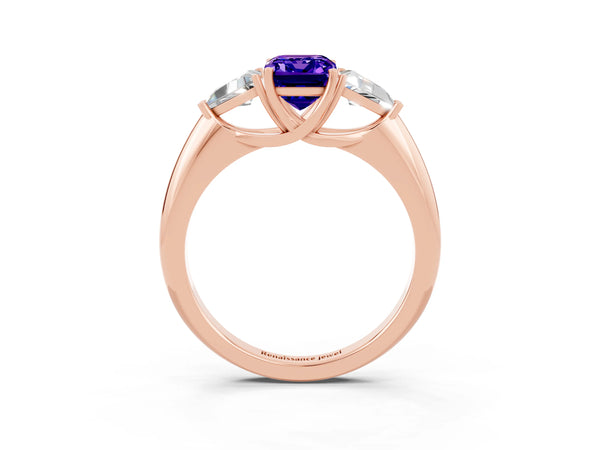 Rose gold Three-Stone Emerald Cut Tanzanite Engagement Ring with Trillion Side Stones and Prong Setting