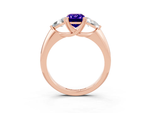 Rose gold Three-Stone Emerald Cut Cut Diamond Ring with Trillion Side Stones and Four-Prong Setting_3