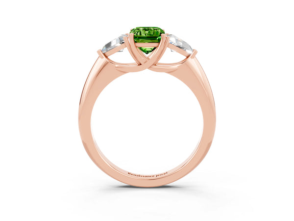 Rose gold Three-Stone Emerald Cut Cut Diamond Ring with Trillion Side Stones and Four-Prong Setting