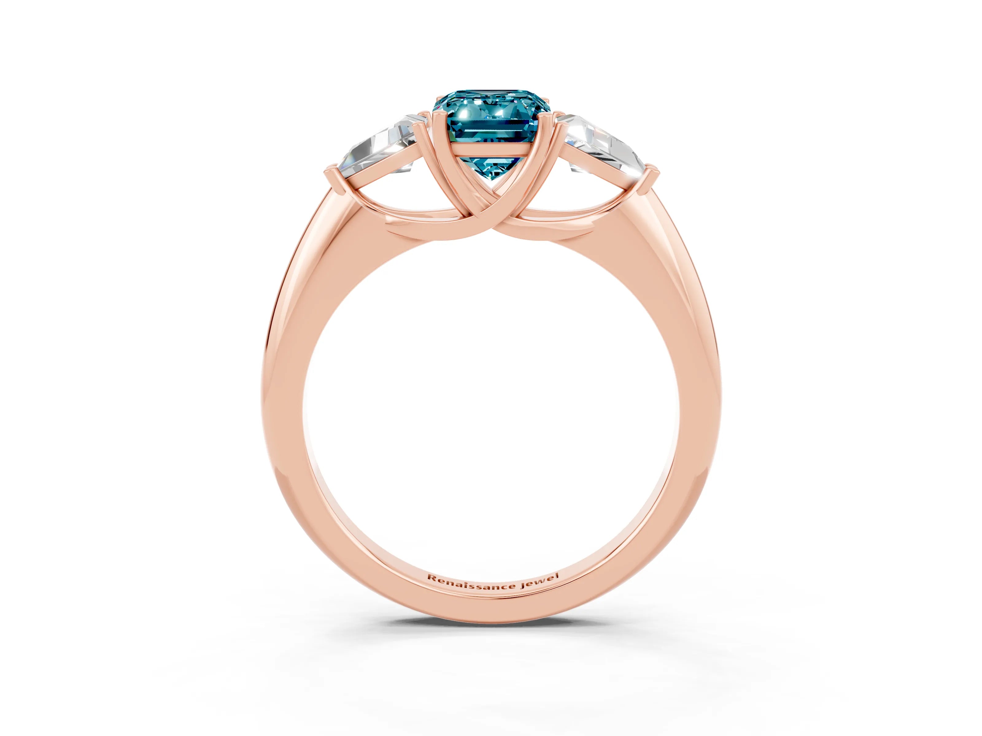 Rose gold Three-Stone Emerald Cut Cut Diamond Ring with Trillion Side Stones and Four-Prong Setting_3
