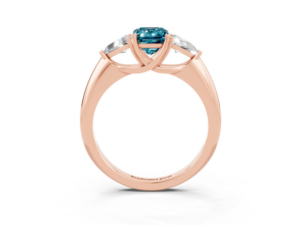 Rose gold Three-Stone Emerald Cut Cut Diamond Ring with Trillion Side Stones and Four-Prong Setting