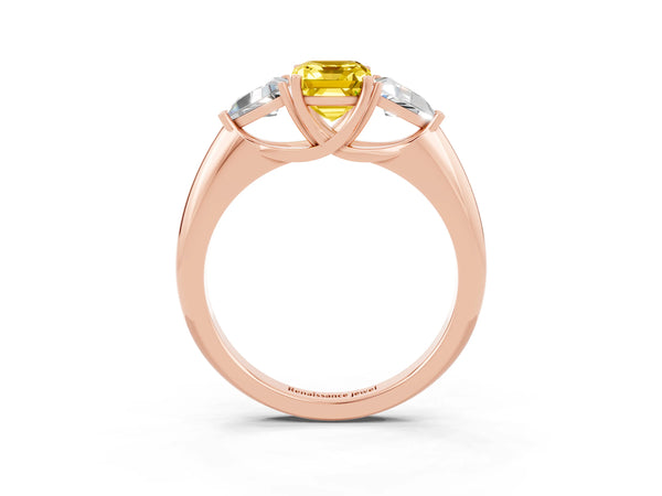 Rose gold Three-Stone Emerald Cut Yellow Sapphire Engagement Ring with Trillion Side Stones and Prong Setting