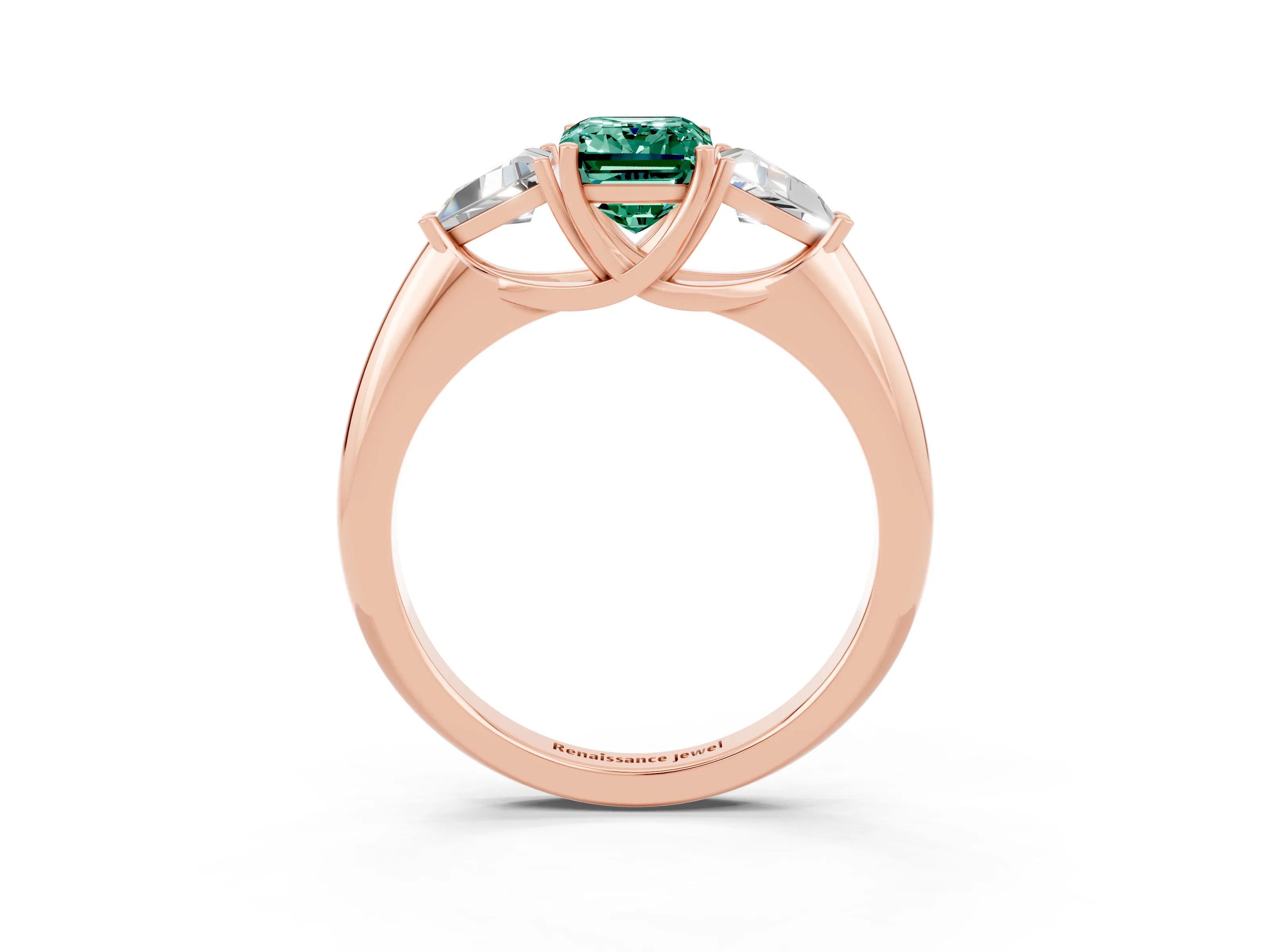 Rose gold Three-Stone Emerald Cut Cut Diamond Ring with Trillion Side Stones and Four-Prong Setting_3